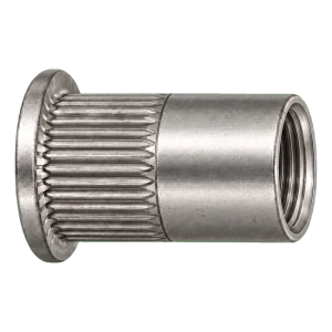 Rivetto filettato (dado cieco rivettabile) in acciaio inox A4 M12x23 a testa piana – gambo zigrinato, aperto – confezione da 250 pz.