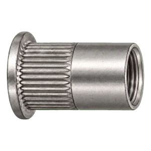 Dado a rivettare in acciaio inox A4 M10×22 mm – testa piatta, corpo zigrinato, aperto – confezione da 250 pz.