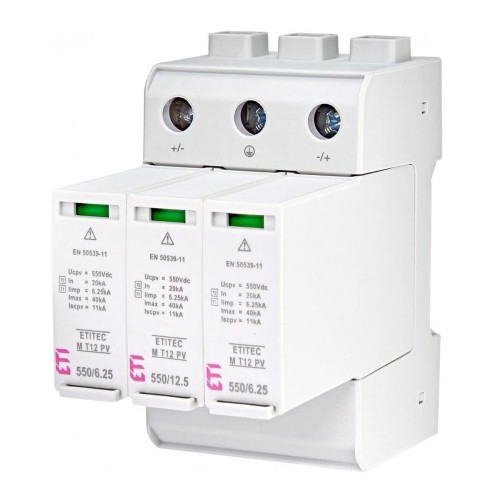 Protezione contro le sovratensioni PV DC tipo 1+2 (B+C) 1100V 3P 65kA 3,8kV ETITEC EM T12 PV 1100/6,25 Y 002440580 ETI GPV-401-64