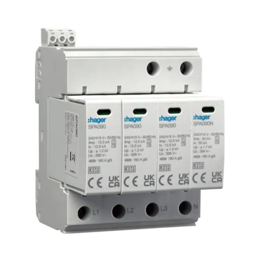 Scaricatore di sovratensione Tipo 1+2 (B+C) 4P 50kA 1,2kV SPD MOV rete TN-S/TT contatto SPA931 HAGER GPV-401-101