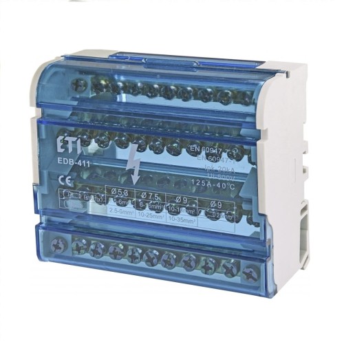 Blocco di distribuzione 4-poli 125A 11-morsetti TH35 EDB-411 001102304 ETI GPV-401-182