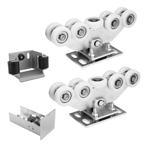 Kit carrelli per cancello scorrevole: 2× carrello (9 rulli, plastica) + accessori