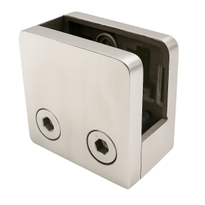Morsetto per vetro 45x45x26 mm con supporto pin vetro 6–10,76 mm AISI 304 sistema piatto satinato