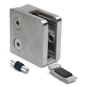 Morsetto per vetro 6-10,76 mm 45x45x26 mm staffa e pin AISI 304 sistema 42,4 mm lucido