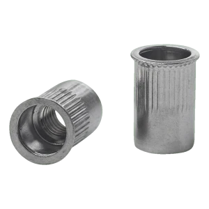 Dado rivetto passante M8 A2 – flangia conica ridotta, zigrinato, AISI 304